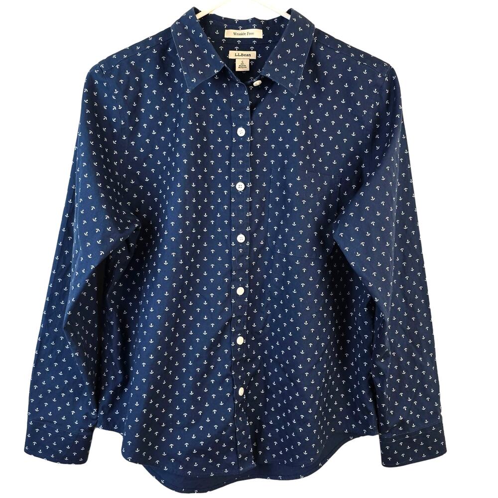 L.L.Bean Shirt Women's S Navy White Anchor Print Wrinkle Free Nautical Coastal